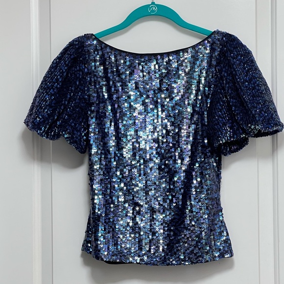 Emily Shalant  Sequin V Neck Top Lined Blue ( 34”Bust x 19”Long) Party Prom - Picture 4 of 9